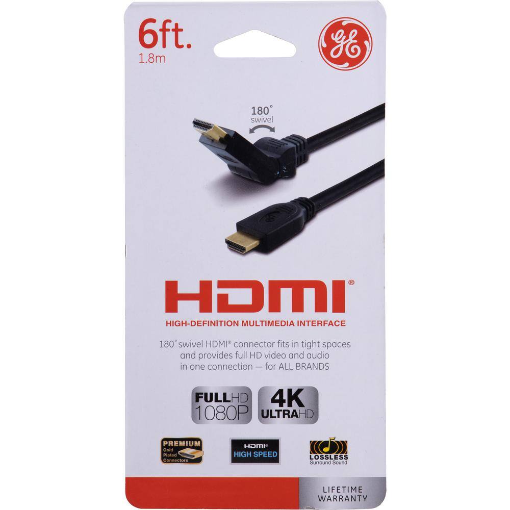 GE 6 ft. Cord Gold Plated HDMI Cable 180 Swivel Black 35051