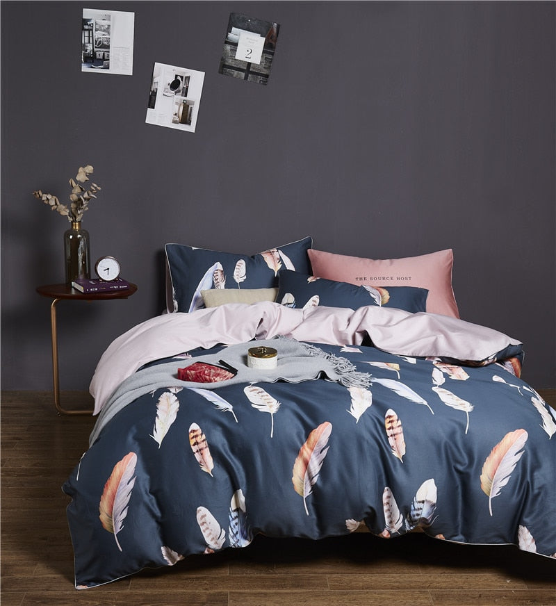 6Pcs Luxury Egyptian Cotton Bedding Set Bright Flamingo Leaf Duvet Cover Bed Fitted sheet