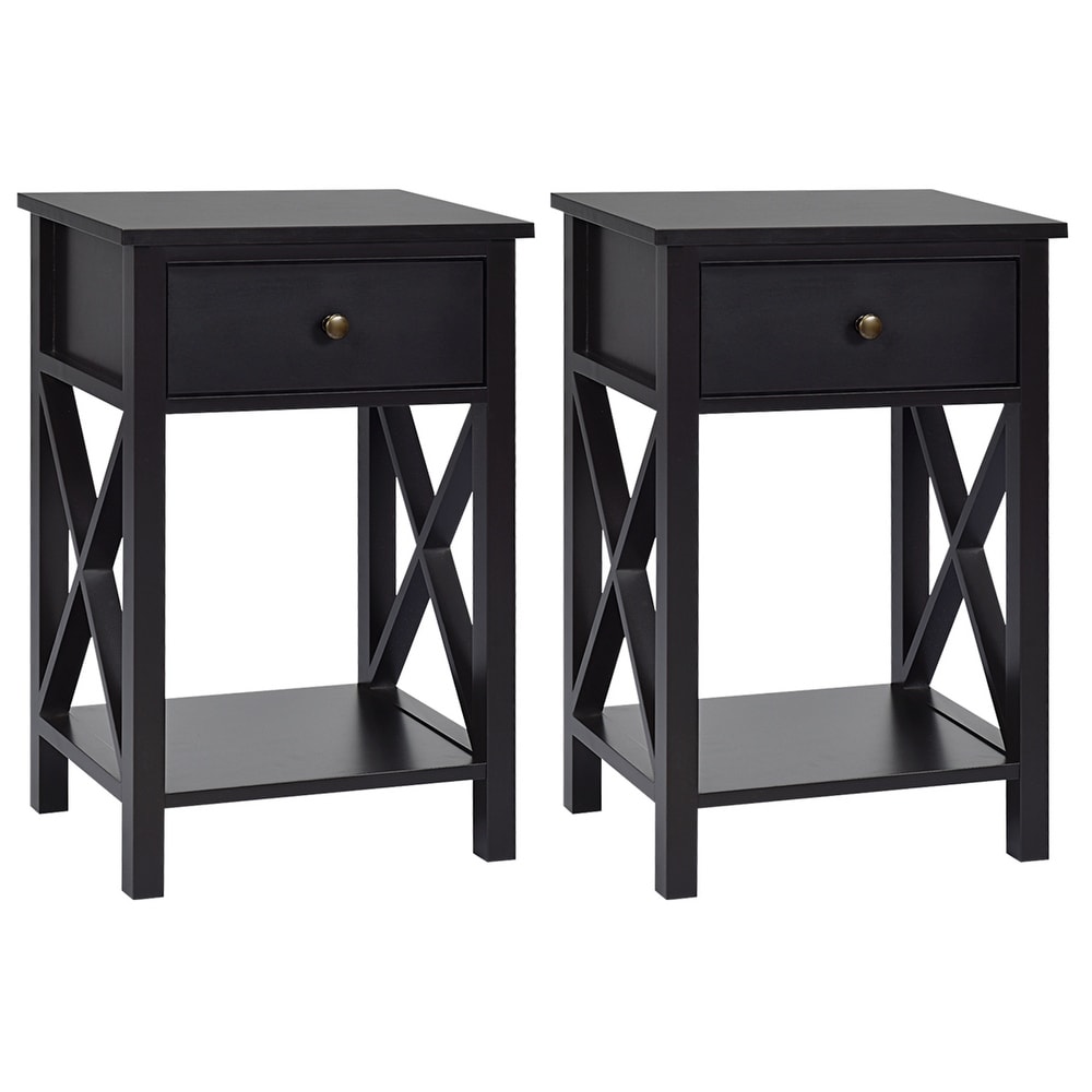 Gymax Set of 2 Nightstand Sofa Side End Table X Design w/ Shelf Drawer