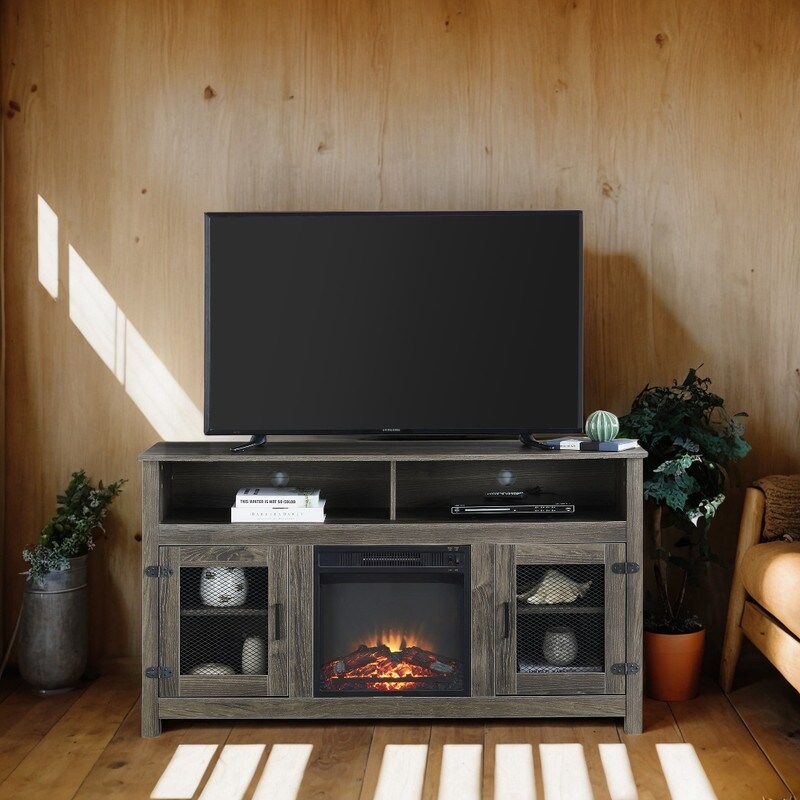 Modern Electric Fireplace TV Stand with Storage Cabinet and Adjustable Shelves for Living Room