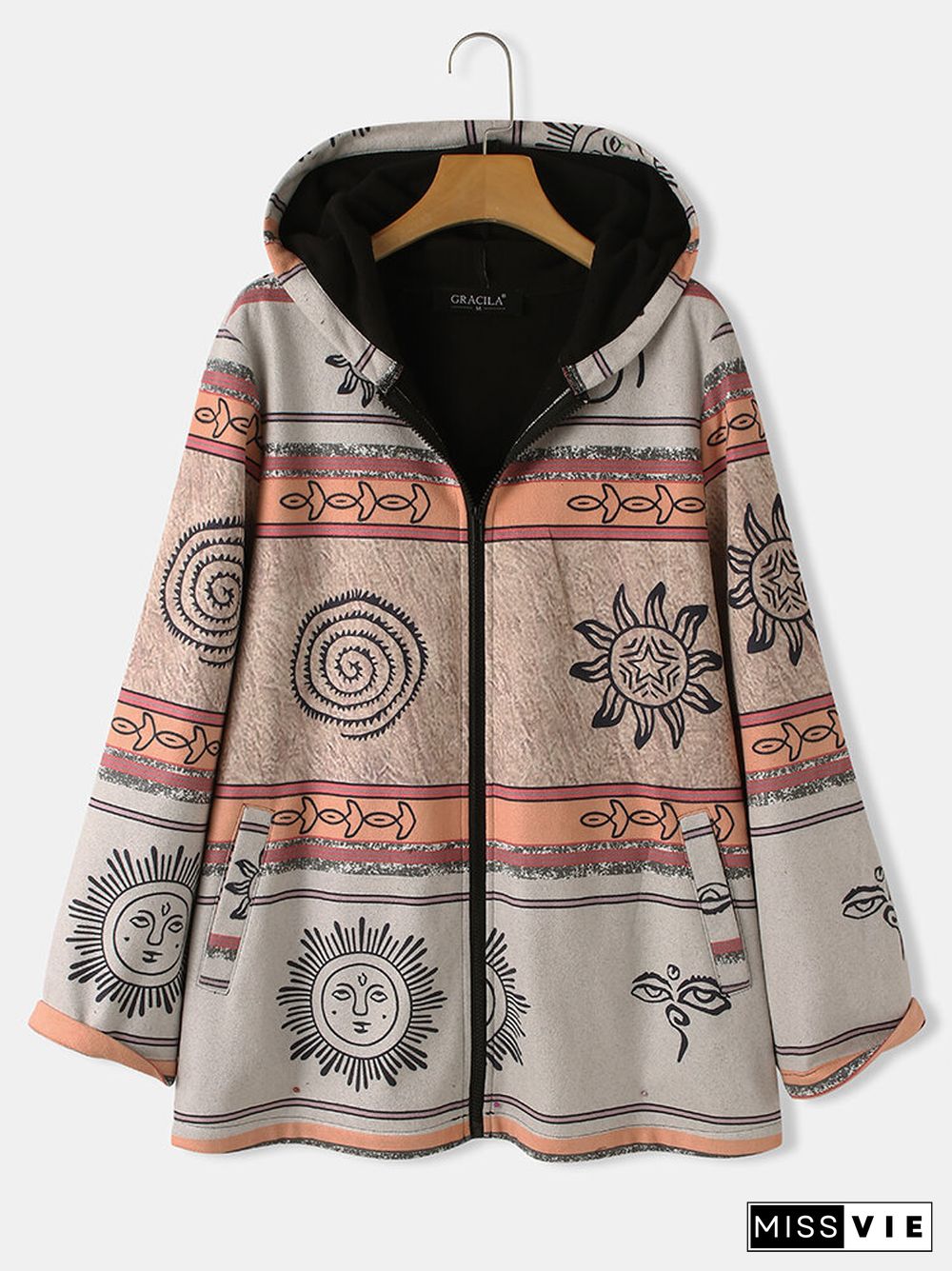 Vintage Priunted Ethinic Style Hooded Coat For Women