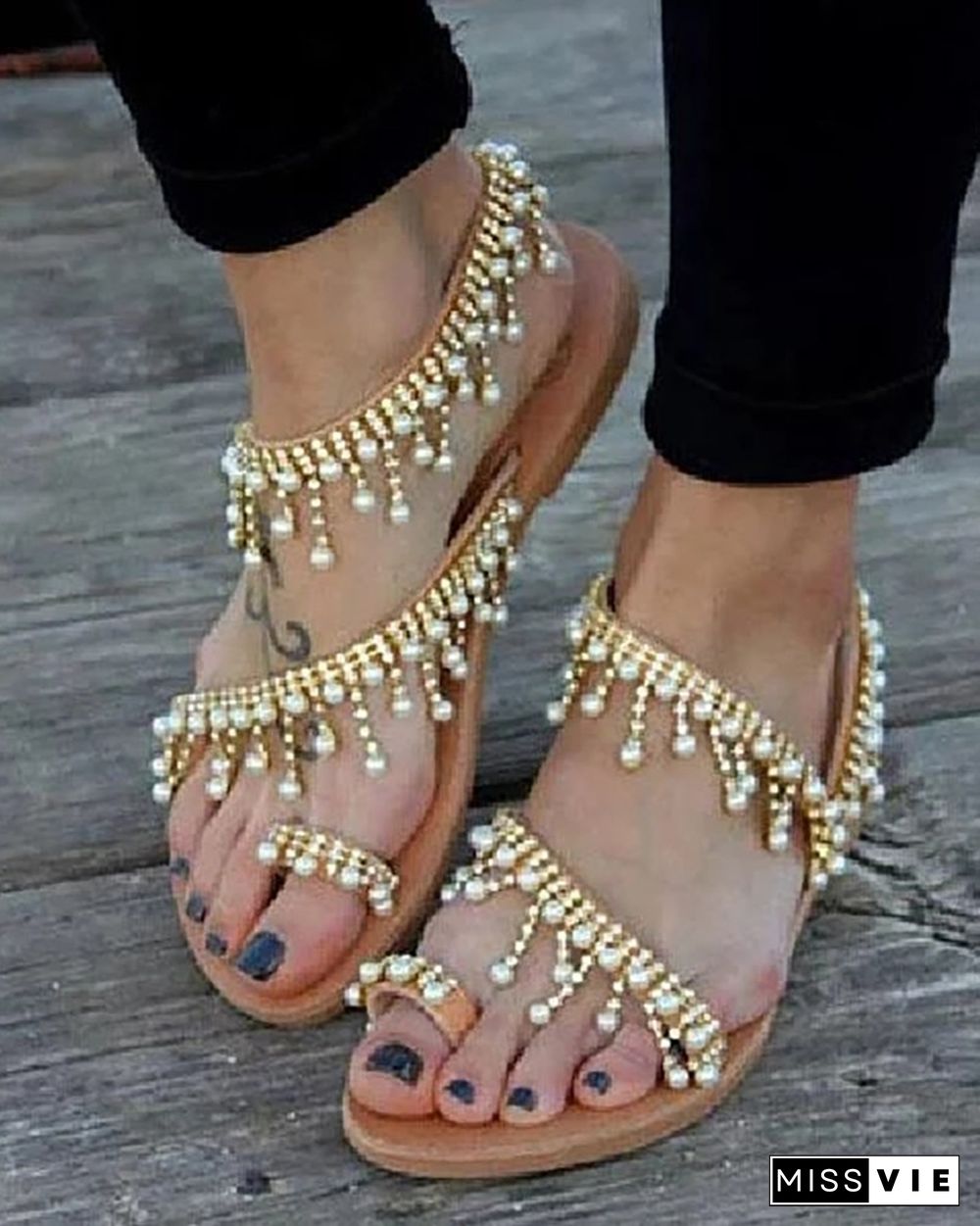 Shiny Embellished Toe Post Flat Sandals