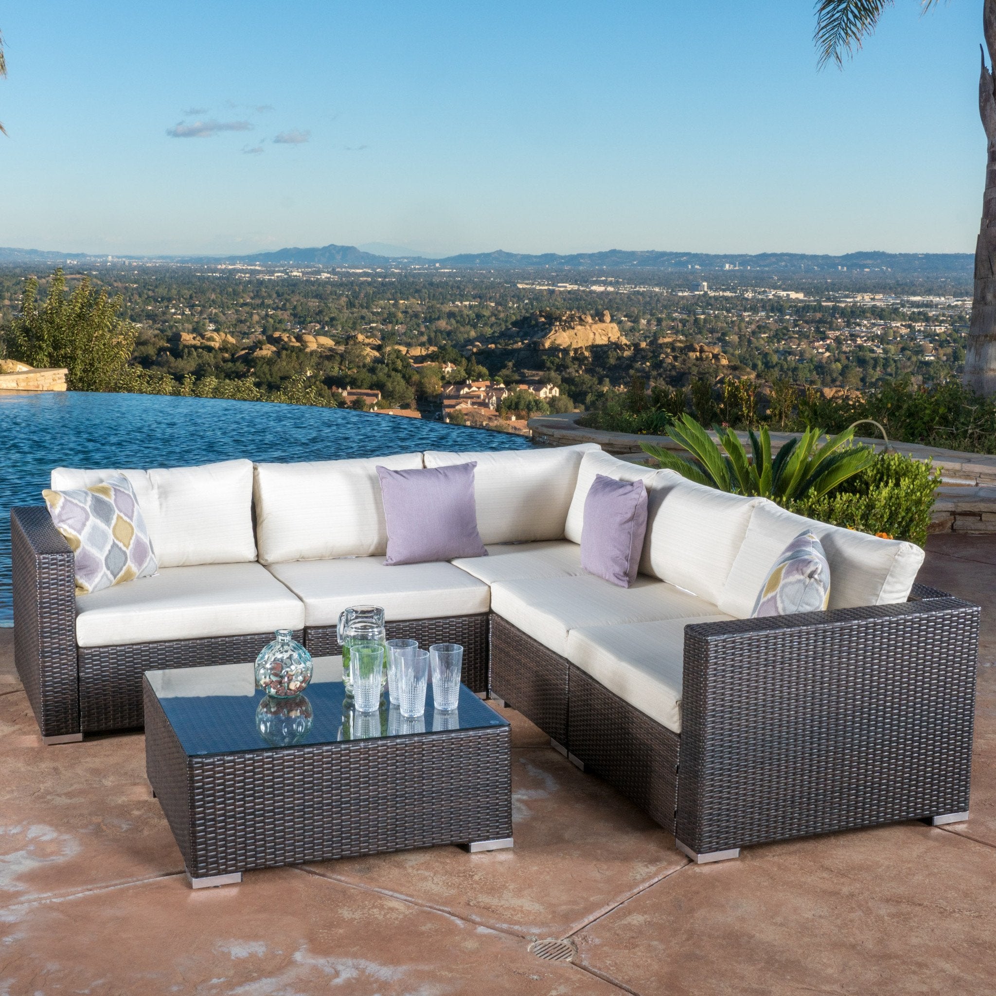 Francisco 6pc Outdoor Brown Wicker Seating Sectional Set w/ Cushions