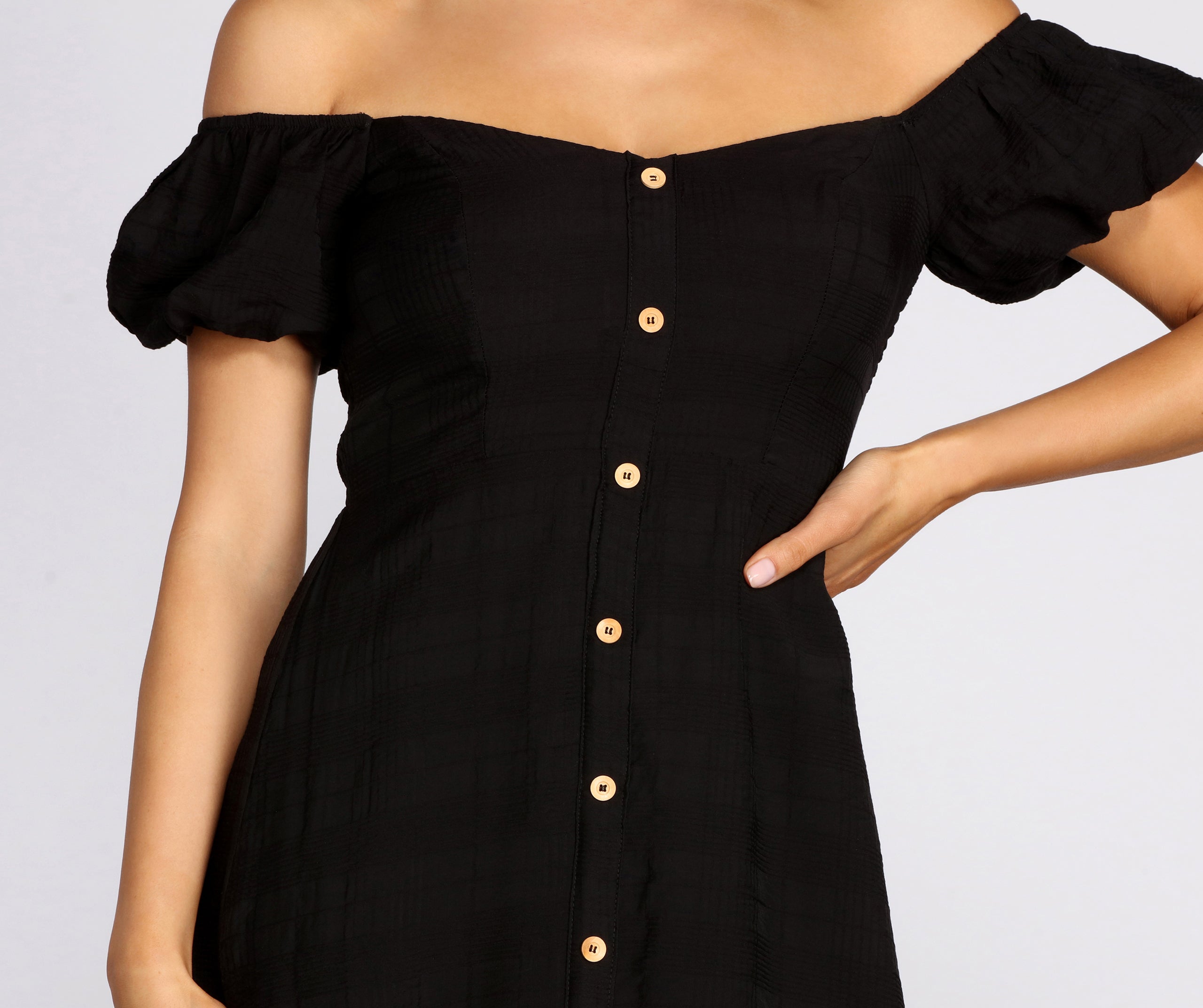 Off The Shoulder Button Front Midi Dress