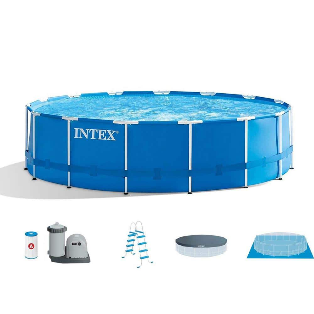 INTEX 15 ft. x 48 in. Round Metal Frame Above Ground Swimming Pool Set and 15 ft. Pool Cover 28241EH + 28032E