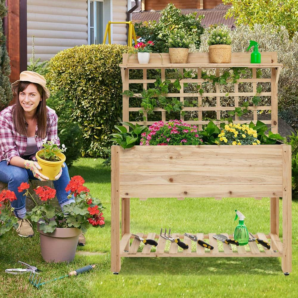 HONEY JOY 41.5 in. x 16 in. x 54 in. Wood Raised Garden Bed Elevated Planter Box with Wheels Bed Liner Top/Bottom Storage Shelves TOPB006551