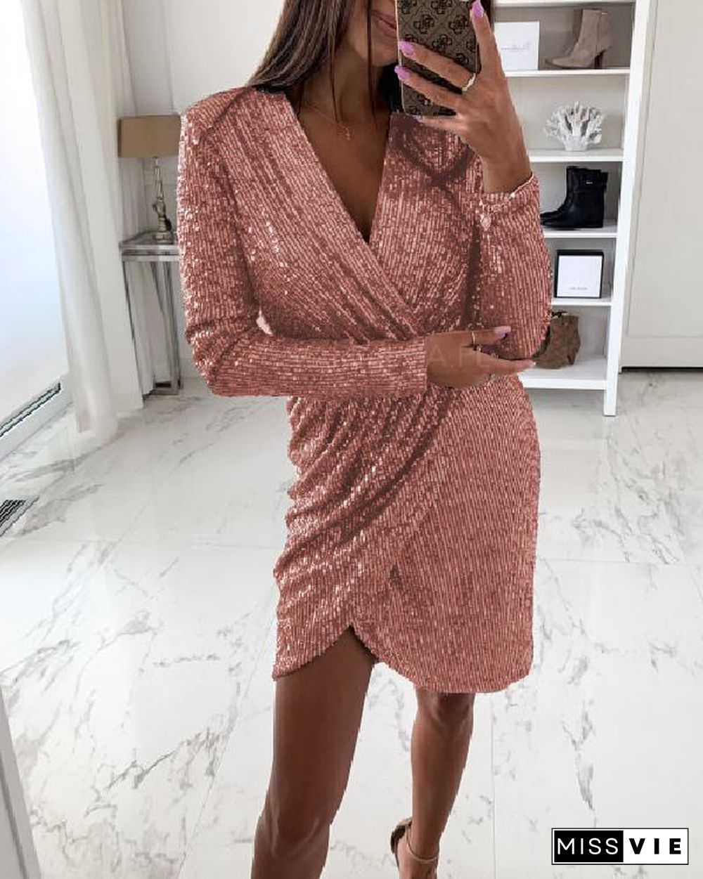 Sexy Sequins V Neck Long Sleeve Slit Dress