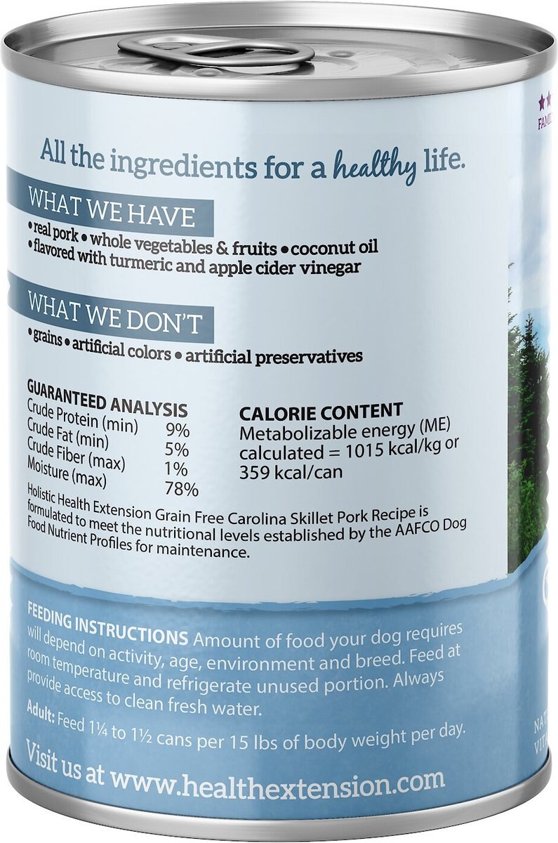 Health Extension Carolina Skillet Pork Recipe Grain-Free Wet Dog Food， 12.5-oz can， case of 12