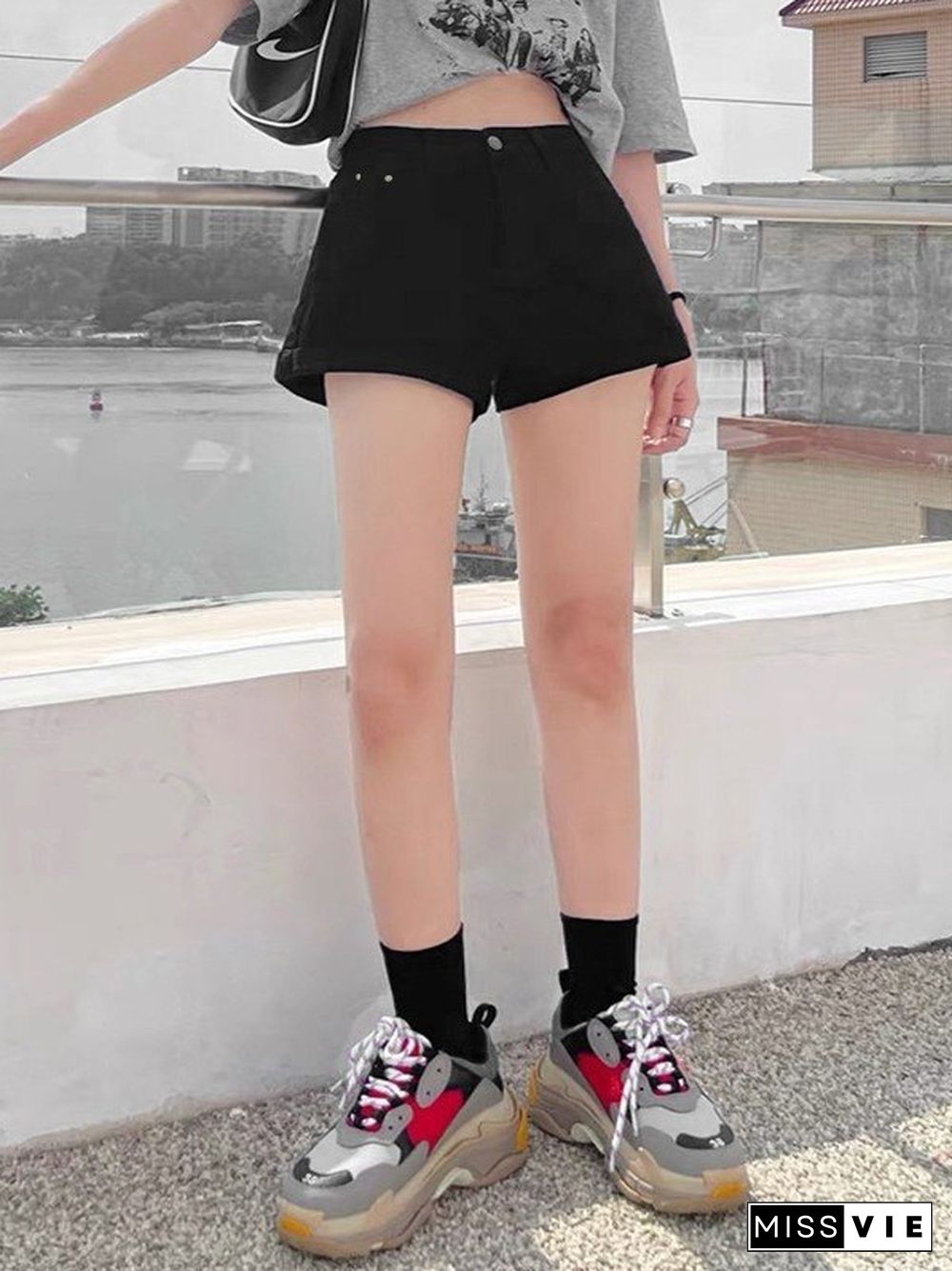 Black Cuffed Hem Denim Shorts