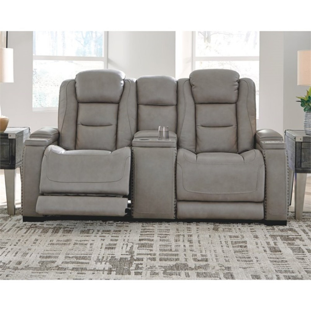 Bowery Hill Contemporary Leather Power Reclining Loveseat in Gray Finish   Contemporary   Loveseats   by Homesquare  Houzz