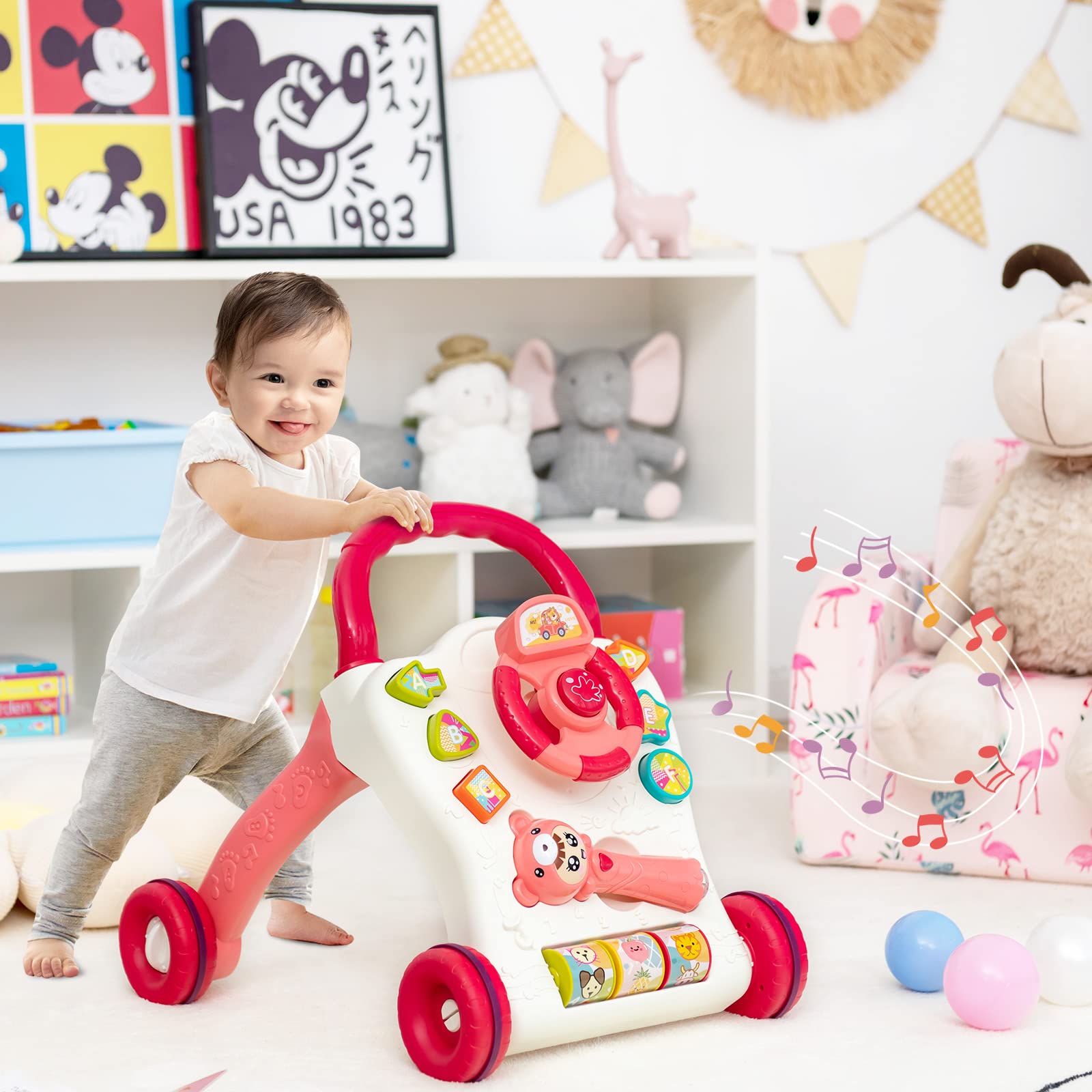 Sit to Stand Learning Walker, Baby Push Walker with Projector & Play Panel