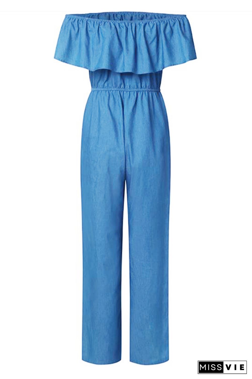 Foldover Ruffle Trim Drawstring Denim Jumpsuit