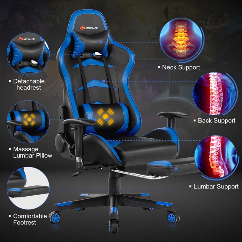 PU Leather Massage Gaming Chair with Footrest, Height Adjustable High Back Ergonomic Gamer Racing Recliner, Swivel PC Game Chair Office Chair