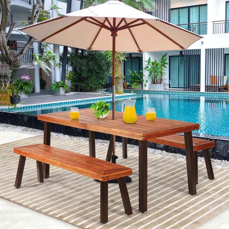 3 Pcs Rustic Acacia Wood Patio Dining Table Set with 2 Benches, Outdoor Picnic Table Bench Set with Umbrella Hole