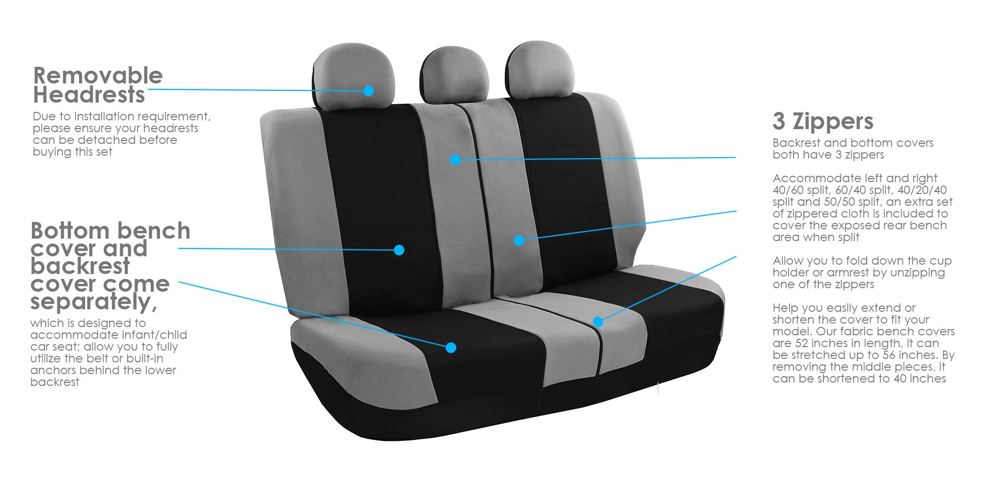 FH Group 3 rows Cloth Car Seat Covers for SUV， Sedan， Van Full Set - Universal Fit Automotive Seat Covers， Split Bench Rear Seat with Steering Wheel Cover， 4 Seatbelt Pads FB030217GRAYBLACK-COMBO