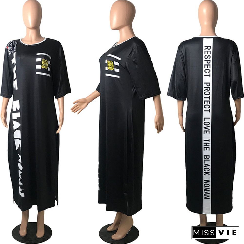 Plus Size Women Casual Pattern Print Half Sleeve Round Neck Streetwear Loose Tee Shirt Maxi Long Dress