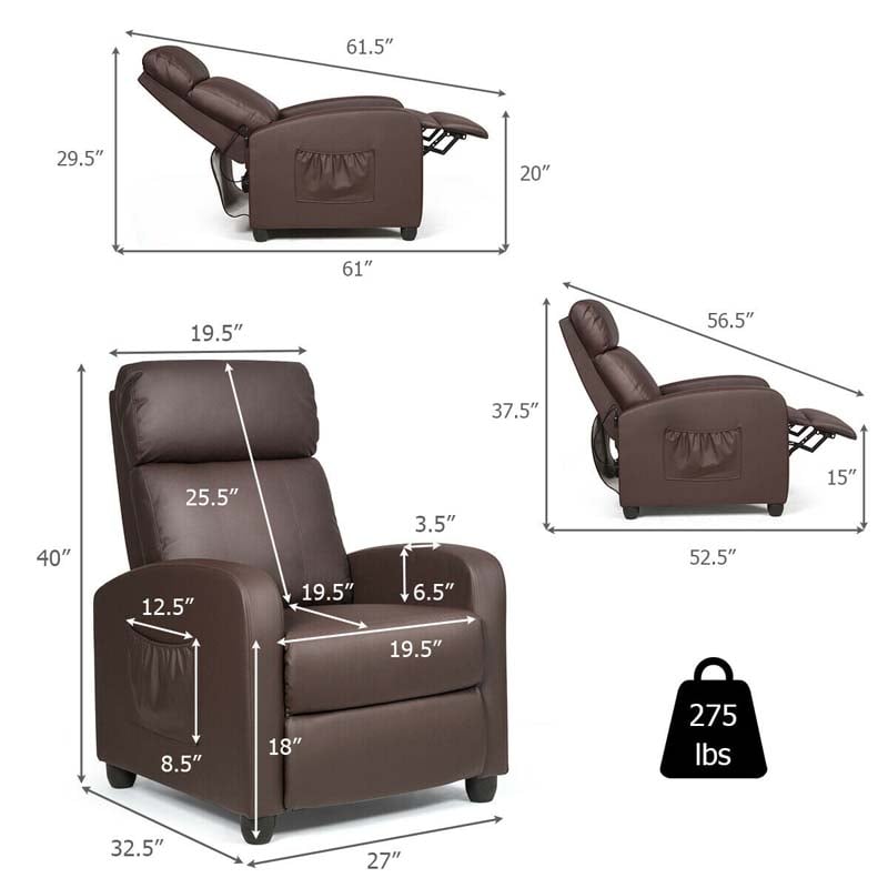 PU Leather Massage Recliner Sofa Modern Recliner Chair Winback Single Sofa with Side Pocket