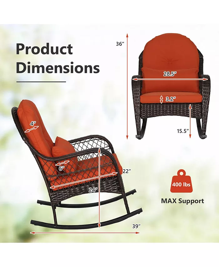 Costway Patio Wicker Rocking Chair W Seat Back Cushions and Lumbar Pillow Porch