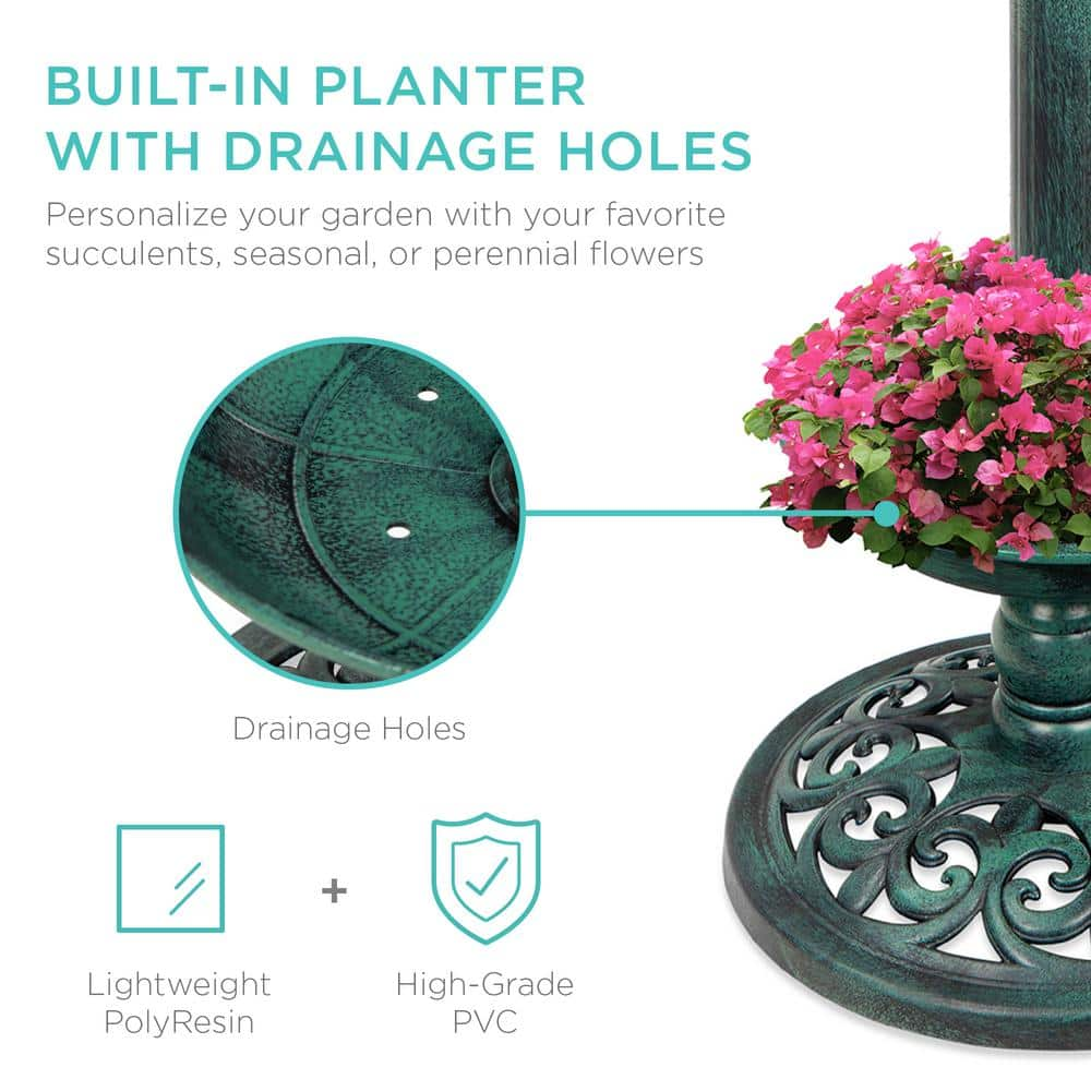 Best Choice Products Green Solar Lighted Pedestal Birdbath w/Planter， Integrated Panel SKY5809