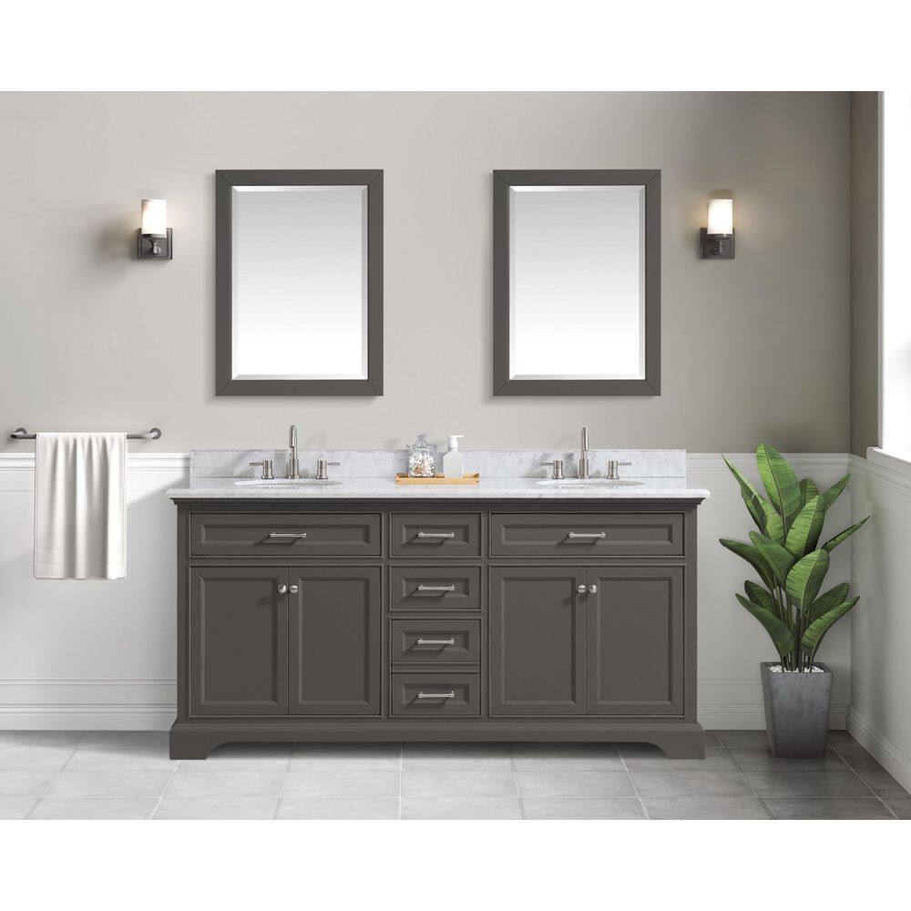 Home Decorators Collection Windlowe 73 in. W x 22 in. D x 35 in. H Freestanding Bath Vanity in Gray with Carrara White Marble Marble Top 15101-VS73C-GR