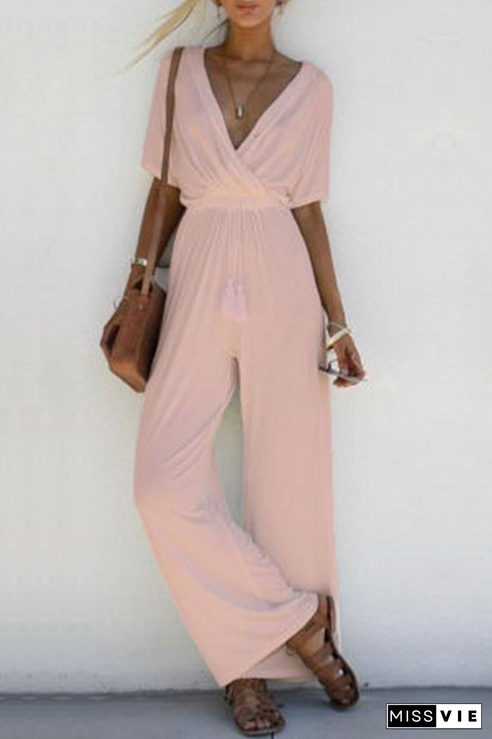 Casual Solid V Neck Straight Jumpsuits(3 Colors)