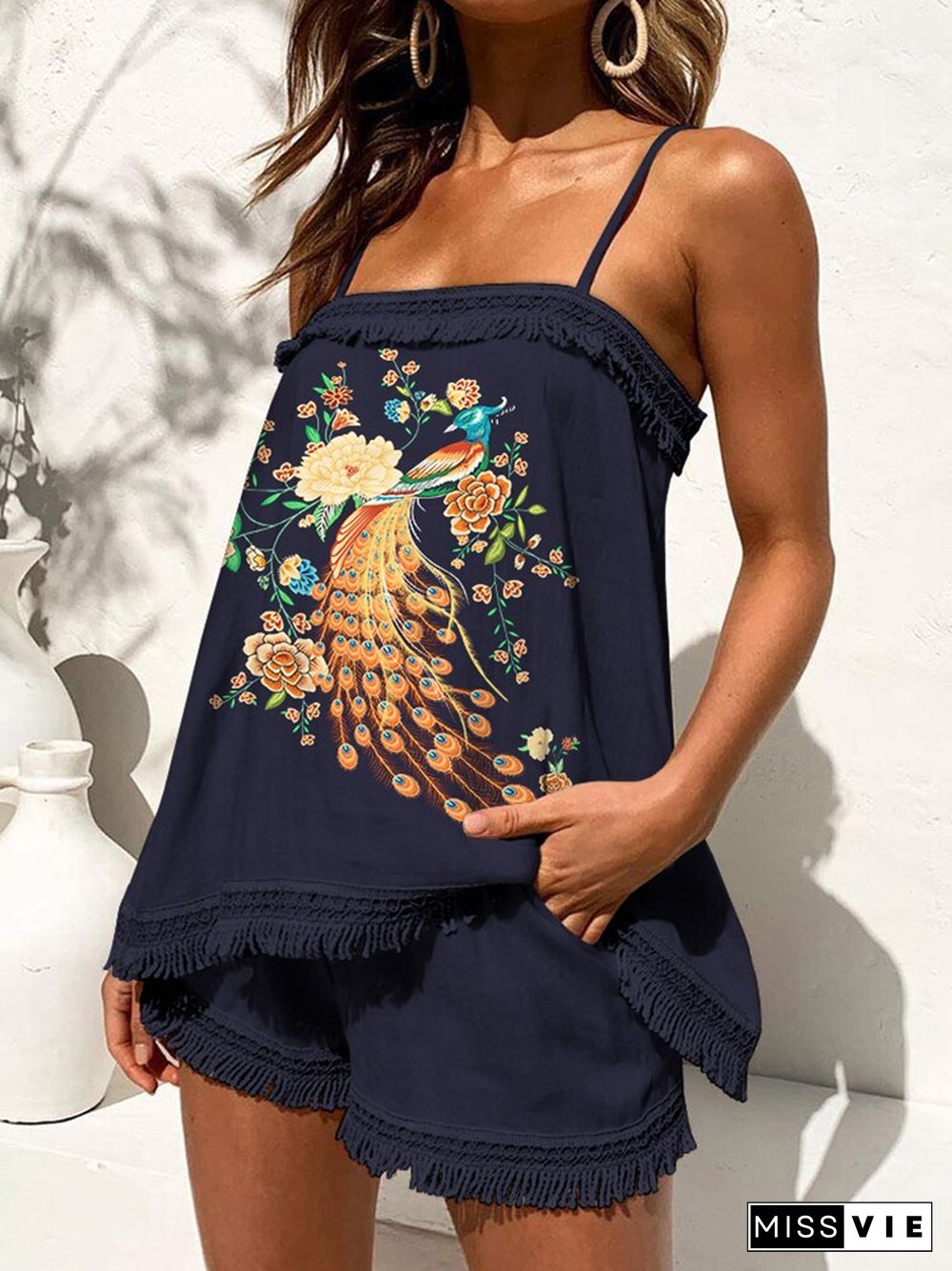 Women Sleeveless Loose Two Piece Set Lady New Club Lace Stitching Outfit Summer Sexy Sling Top + Shorts Printed Beach Suit