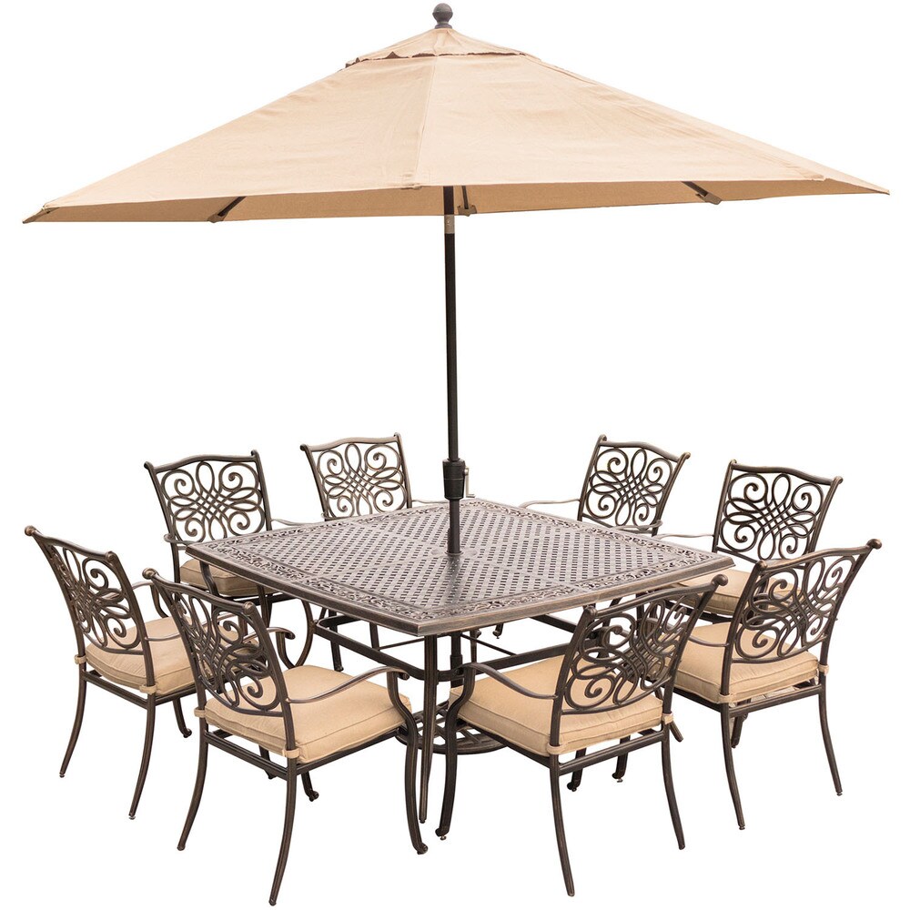 Hanover Traditions 9 Piece Dining Set in Tan with Square 60 In. Cast Top Dining Table  11 Ft. Table Umbrella  and Umbrella Base