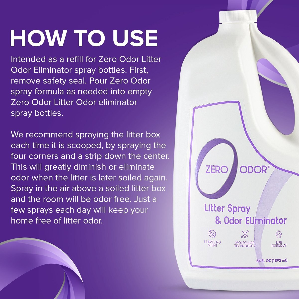 Zero Odor Litter Spray and Pet Odor Eliminator， 64-oz bottle