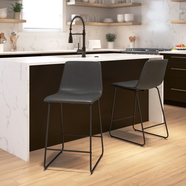 Modern Grey Bonded Leather with Metal Sled Base Counter Height Dining Stools