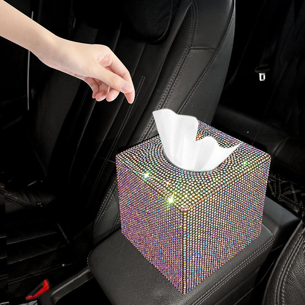 Square Bling Car Tissue Holder With Crystal Rhinestone Auto Vehicles Tissue Box Napkin Paper Pouch Case For Car Home Office Red