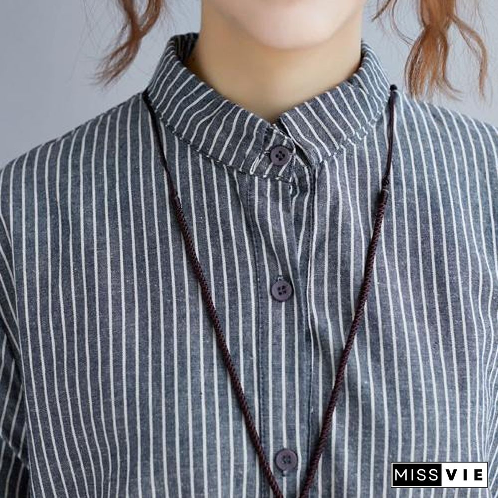 stylish gray striped cotton linen shirt dress trendy plus size shirt dress boutique long sleeve pockets Turn-down Collar patchwork natural cotton linen shirt dress