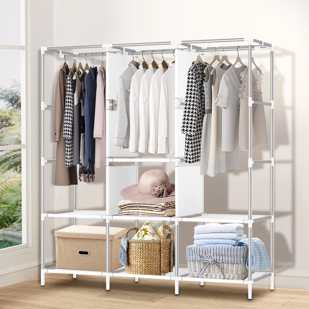 Portable Closet,ZPL Portable Wardrobe with 3 Hanging Rods and 7 Storage Shelves, Stable and Easy Assembly Grey Portable Closets for Hanging Clothes with Side Pockets