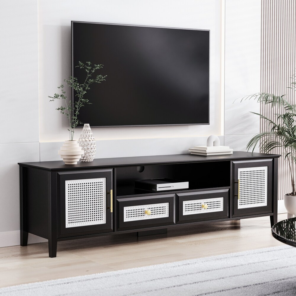 Rattan TV Stand Gold Metal Handles for Tvs Up to 65\