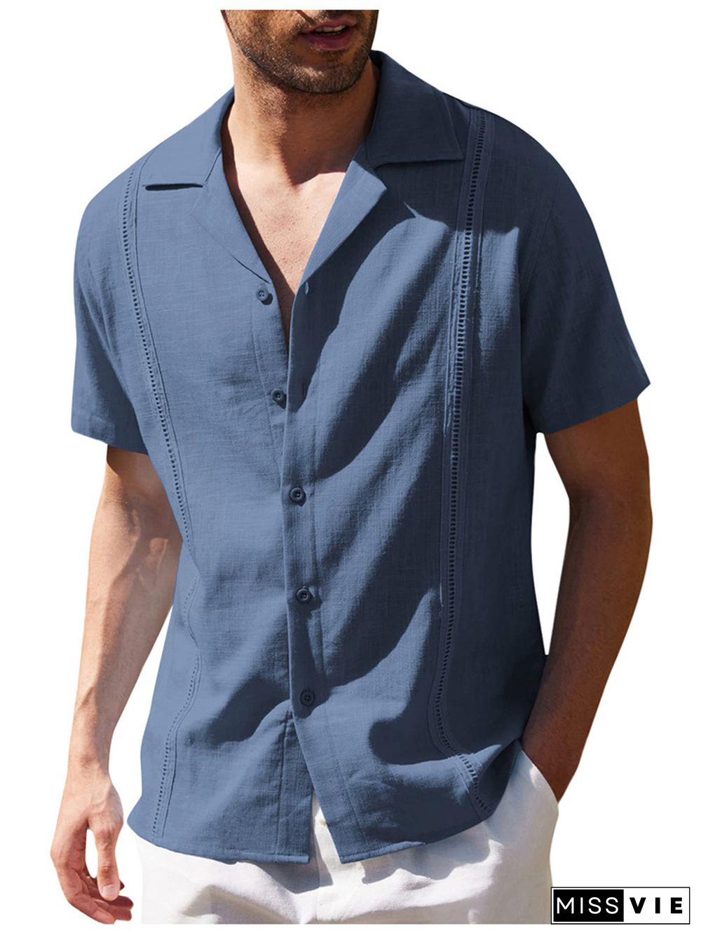 Men's Loose Simple Solid Color Lapel Casual Linen Shirt Short-sleeved Beach Shirt