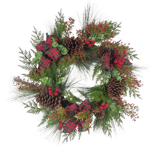 Kurt Adler 24 inch Berries And Pinecone Ribbon Rattan Wreath