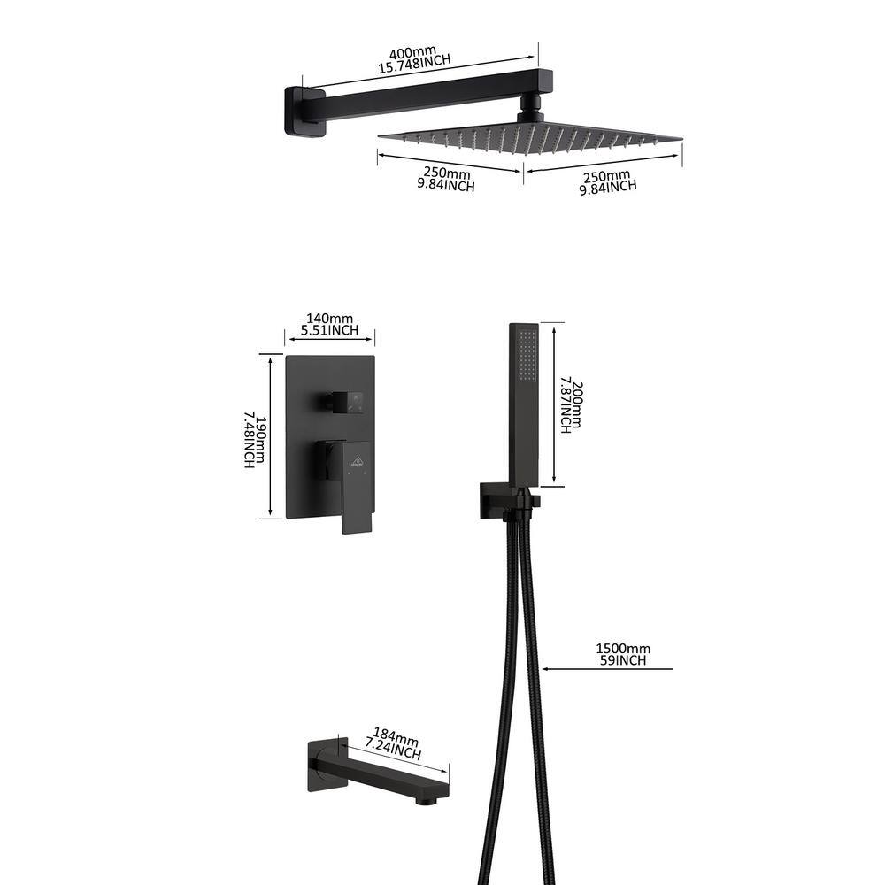 CASAINC 1-Spray Patterns with 2.5 GPM 10 in. Tub Wall Mount Dual Shower Heads in Spot Resist Matte Black M6603-A-10-MB