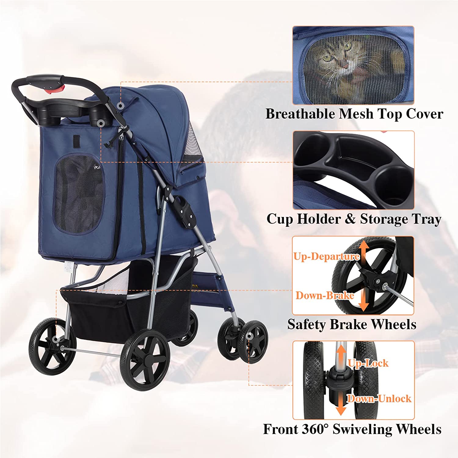 Msmask Foldable Pet Stroller 4 Wheel Cat Dog Travel Carrier with Storage Basket，Dark Blue