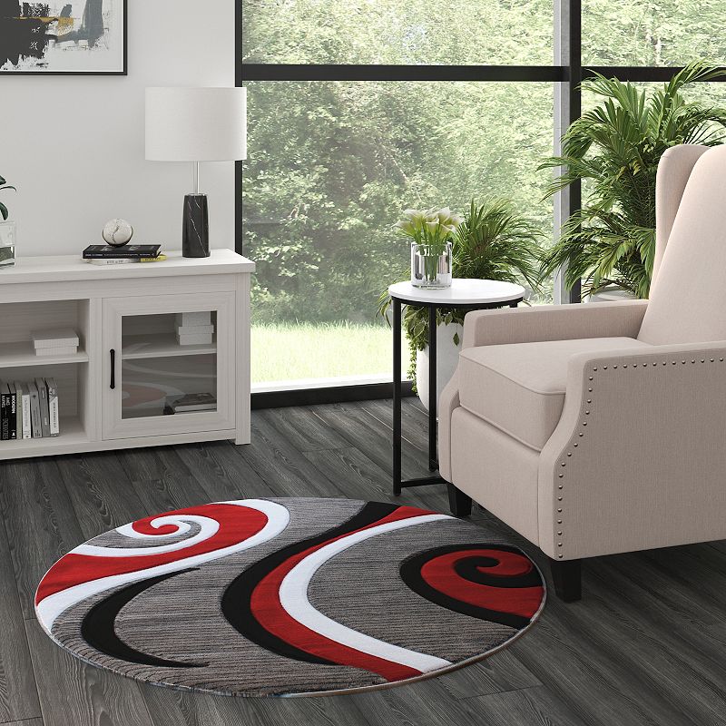 Masada Rugs Masada Rugs Sophia Collection 4'x4' Round Area Rug with Hand Carved Intersecting Arch Design in Red， White， Gray and Black