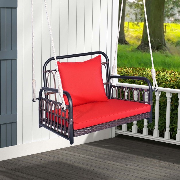 Costway Patio Hanging Rattan Basket Chair Swing Hammock Chair With Seat Cushion