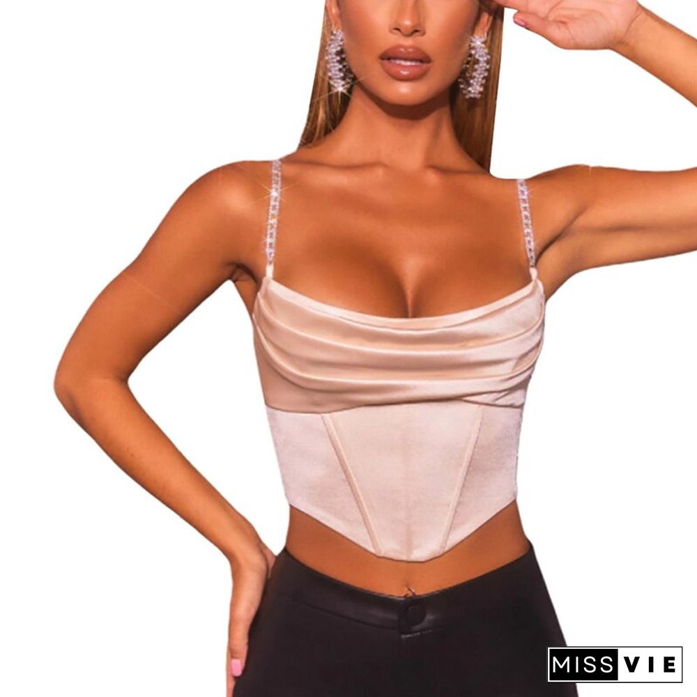 Women\u2022 Fashion Solid Color Camisole Summer Boat Neck Exposed Navel Irregular Chain Suspender Tops Elegant Shirt