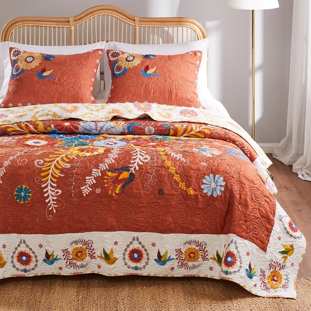 Barefoot Bungalow Topanga Orange Bohemian Floral Quilt Set