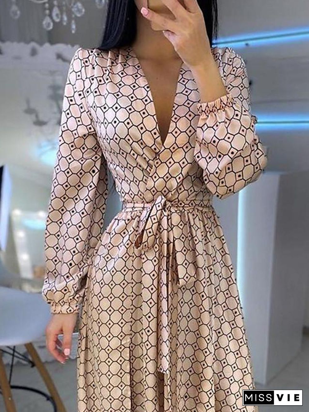 Women's Swing Dress Maxi long Dress Long Sleeve Geometric Patchwork Print Spring Summer Hot Casual Lantern Sleeve Gold S M L XL XXL