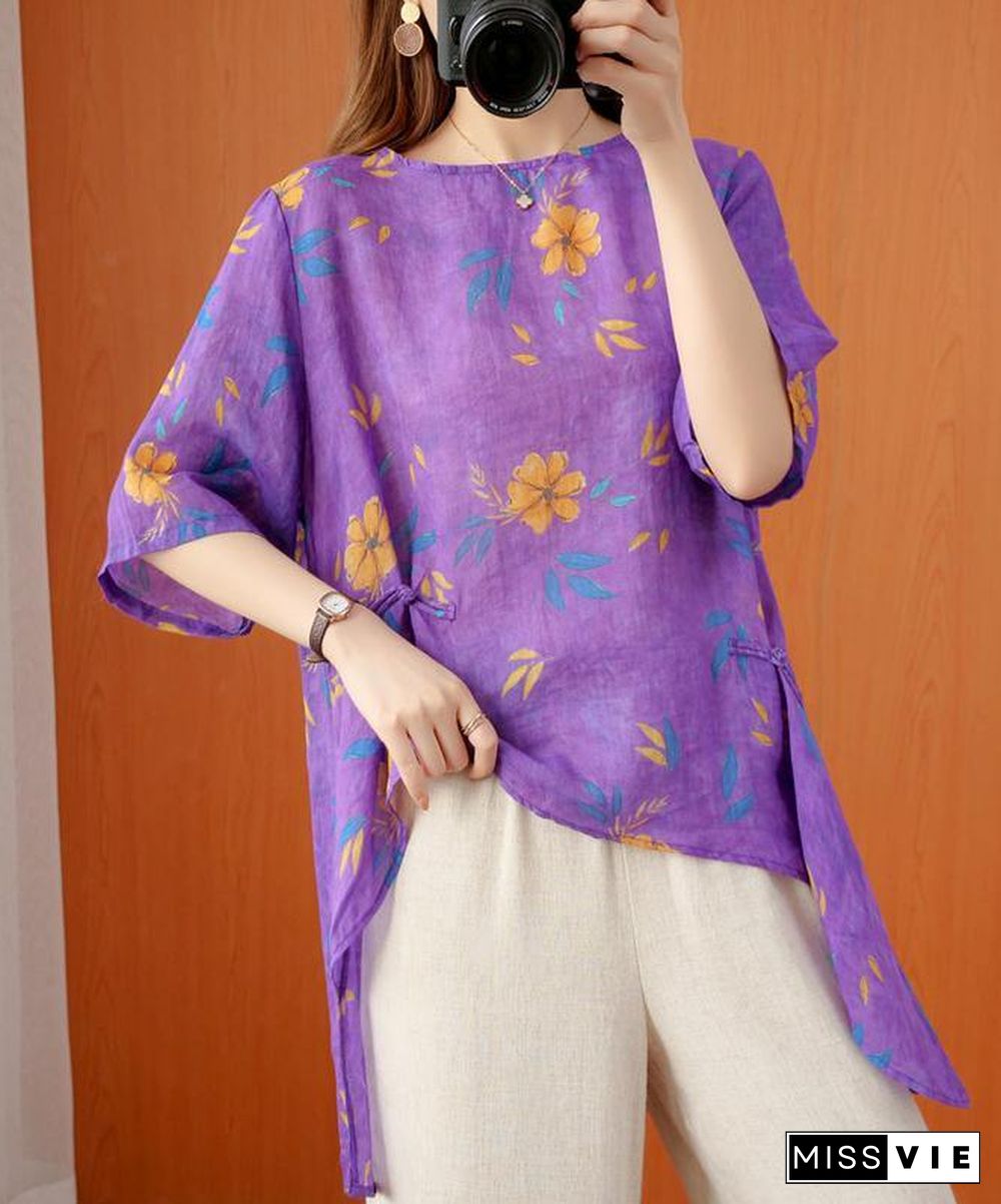 French o neck asymmetric summer top Shirts purple print top