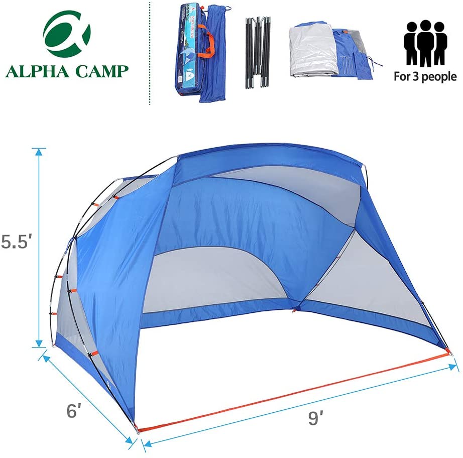 ALPHA CAMP 3 Person Sports / Beach Shelter Easy Up Sun Shade - 9’ x 6’ Blue