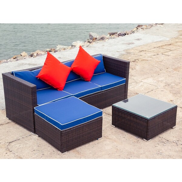 3 Piece Patio Aluminium Legs Wicker PE Rattan 2 Pillow Cushioned Outdoor Sectional Sofa Set with Glass Coffee TableandOttoman - Overstock - 35580408