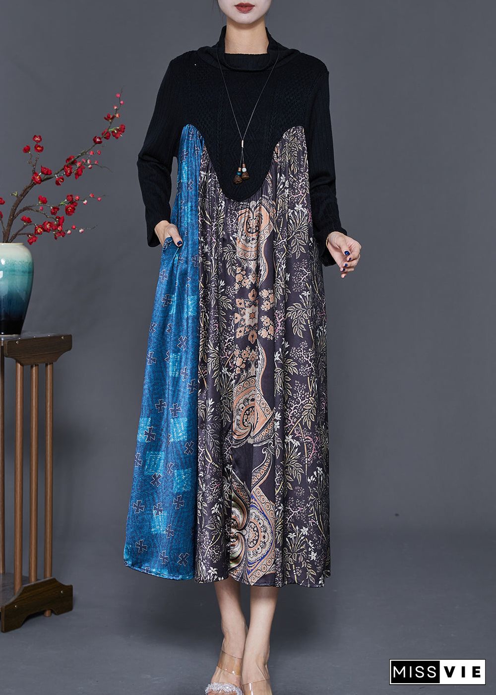 Unique Black Turtle Neck Patchwork Knit Maxi Dresses Fall