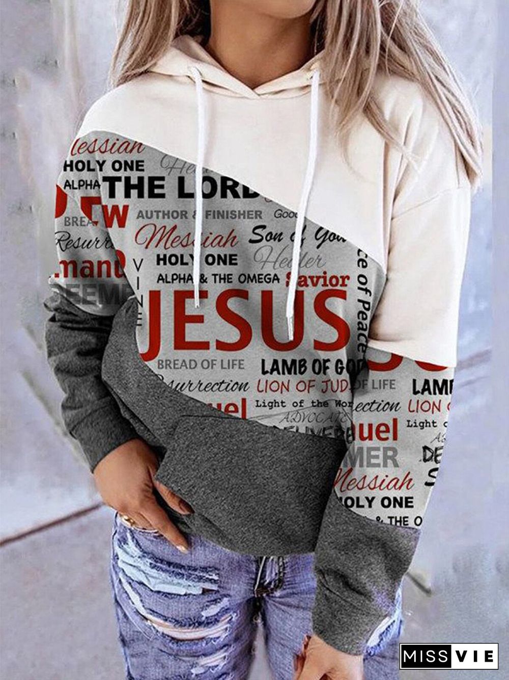 Women's Jesus Print Colorblock Casual Hoodie