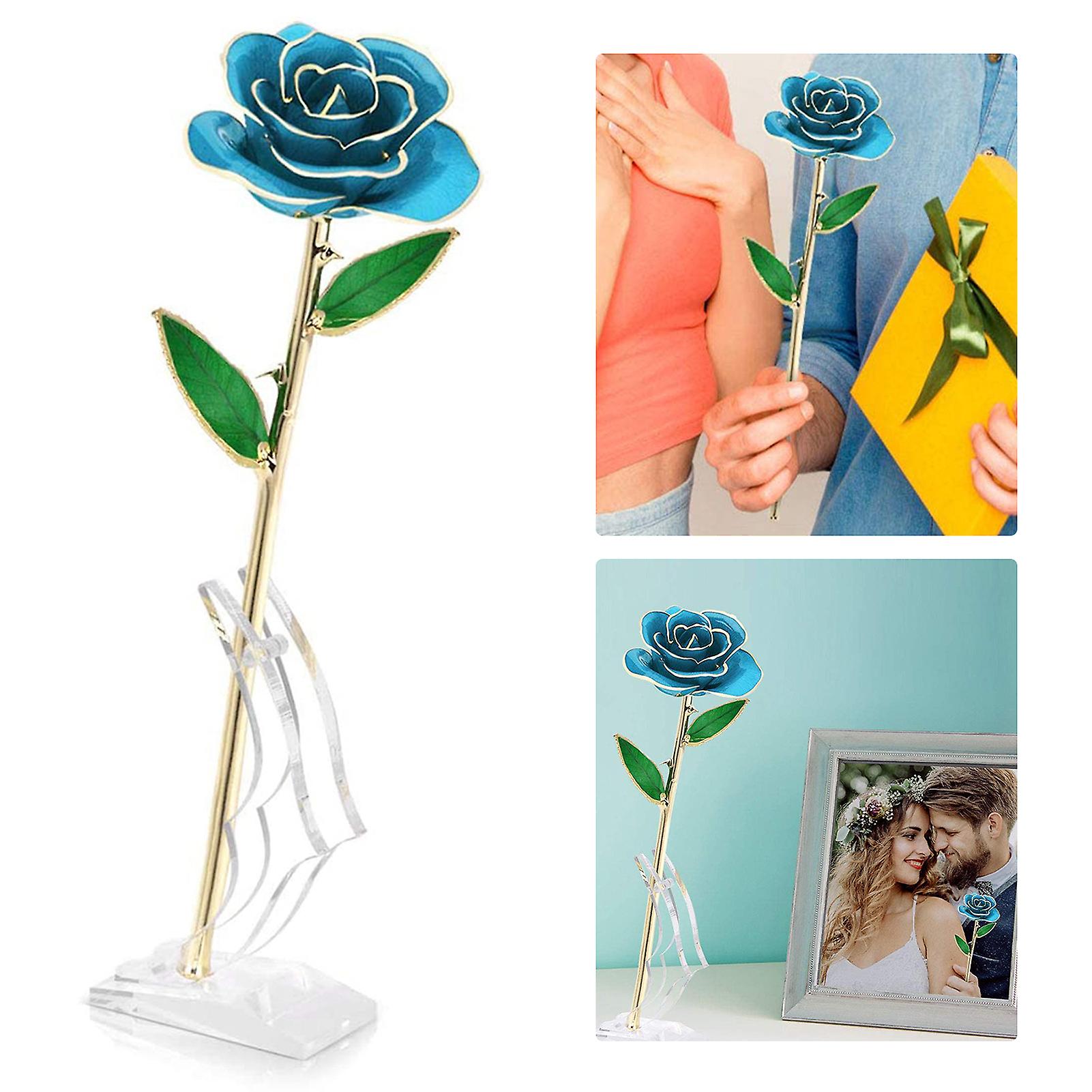 24k Goldplated Rose Flower Sky Blue For Valentine's Day Decorations Ornaments Crafts