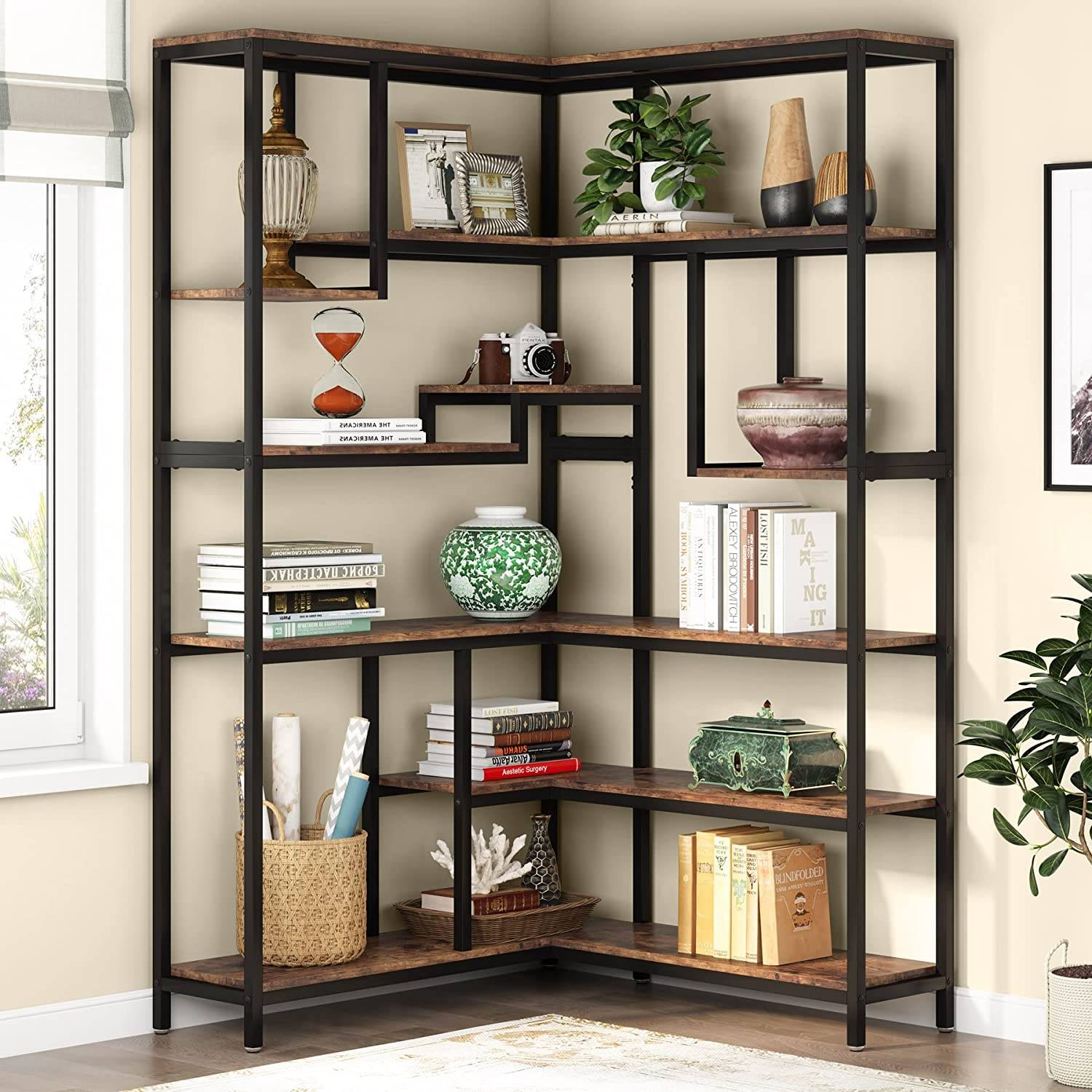 6-Tier Corner Bookshelf Industrial Etagere Corner Bookcase