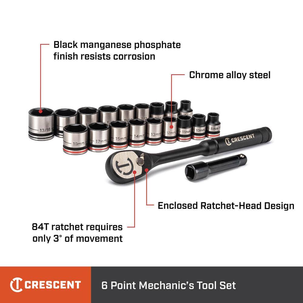 Crescent X10 38 in. Drive 6-Point Standard SAEMetric Ratchet and Socket Set (20-Piece) CSWS38B